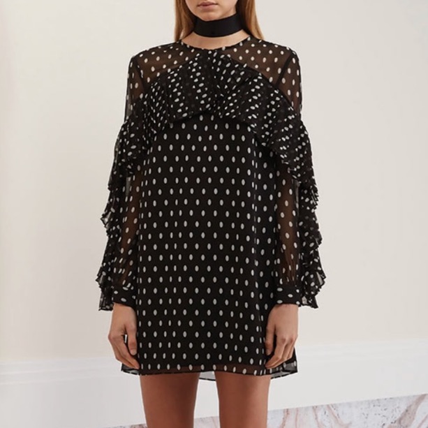 Keepsake Black White Polka Dot Ruffle Long Sleeve Dress